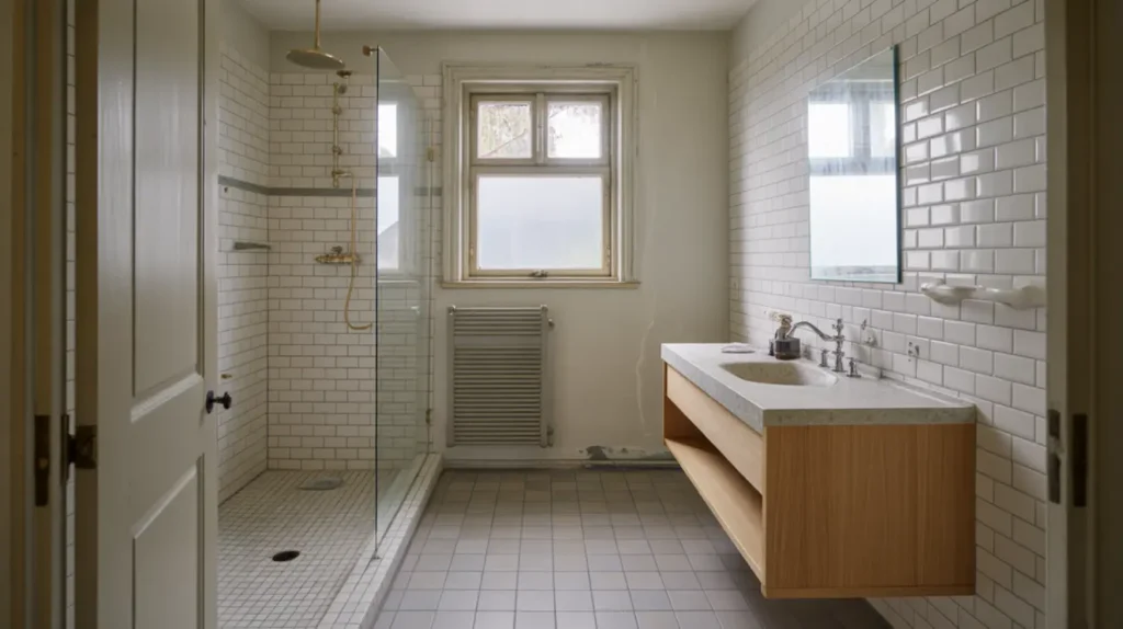 badrumsrenovering med kakel golvv rme och ny inredning i gamla enskede enskede